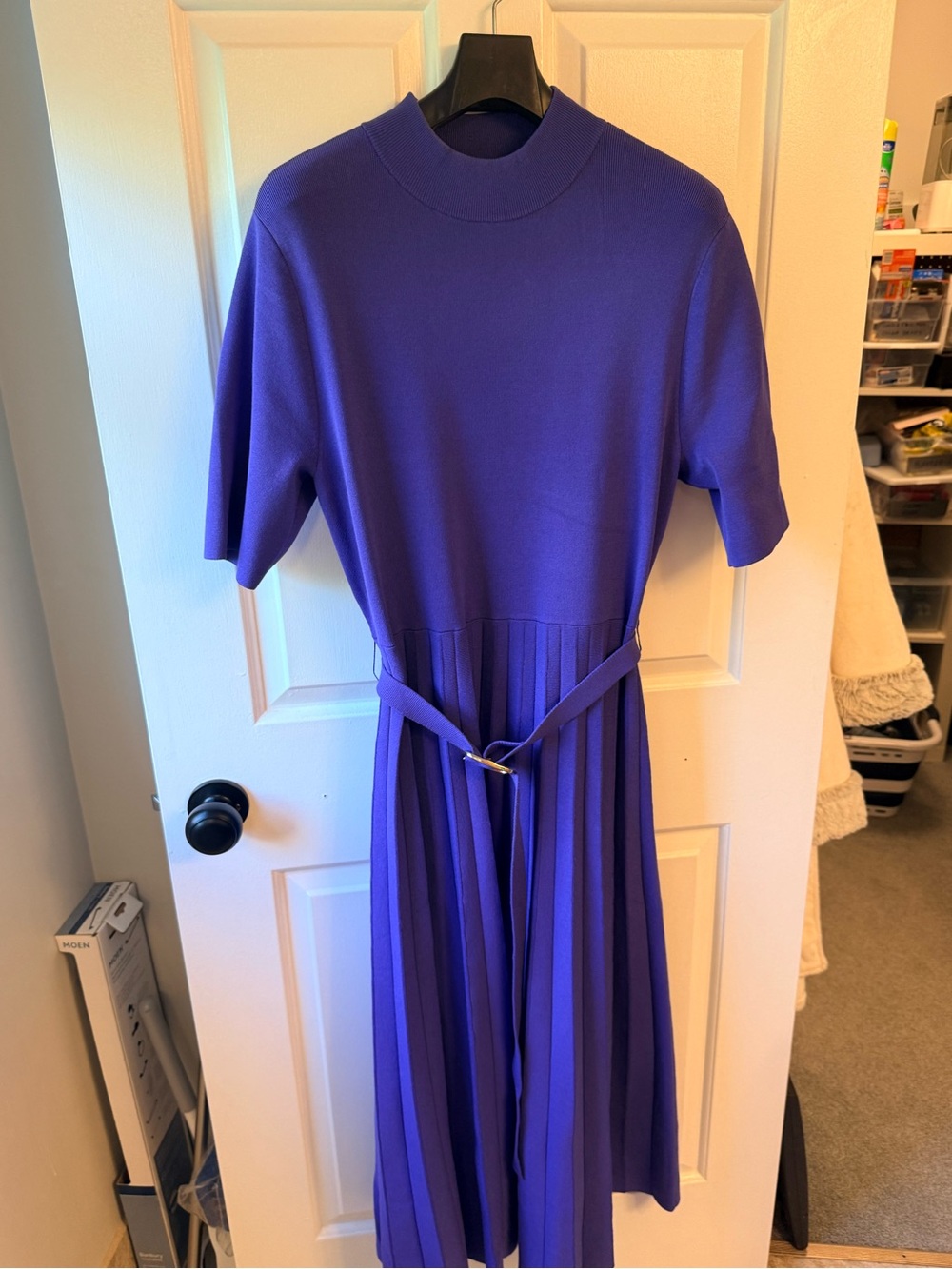 Ann Taylor Large Purple Mock Neck Pleated Sweater Midi Dress with Belt